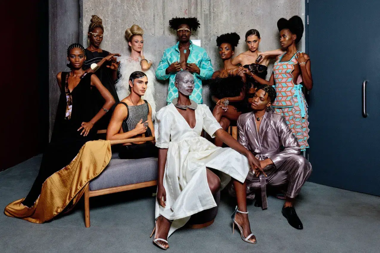 roup portrait of fashion models wearing fine jewellery at the Mineshift event at Zeitz MOCAA in Cape Town, captured by a professional event